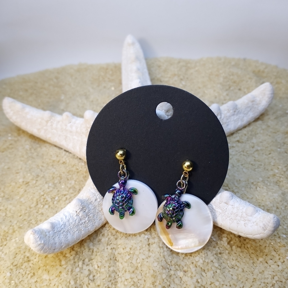 Natural Shell Earrings with Turtle Charm, Studs, Women's Jewelry Beachy Nautical